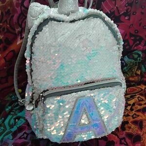 Justice Silver Sequin Backpack with Initial A